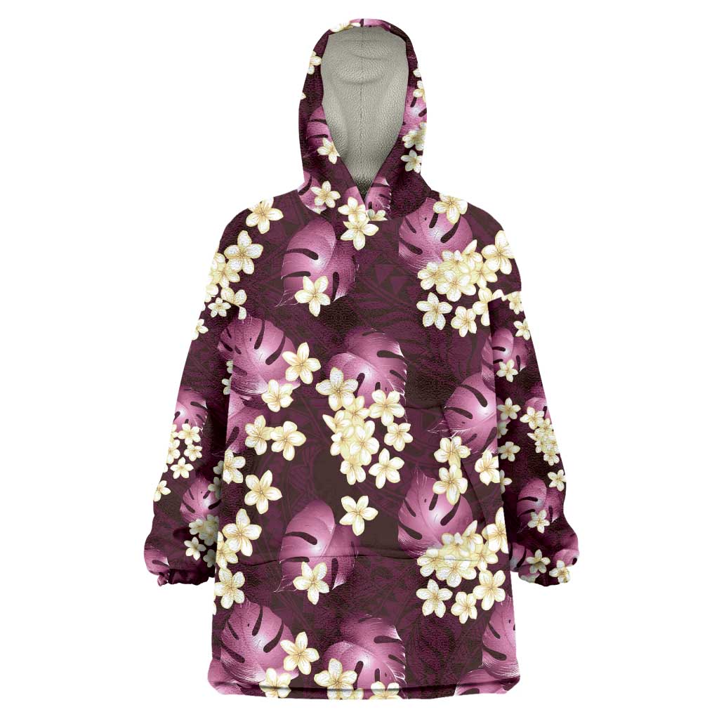 Pink Tropical Hawaii Wearable Blanket Hoodie Seamless Monstera Plumeria Hawaiian Pattern - Polynesian Pride