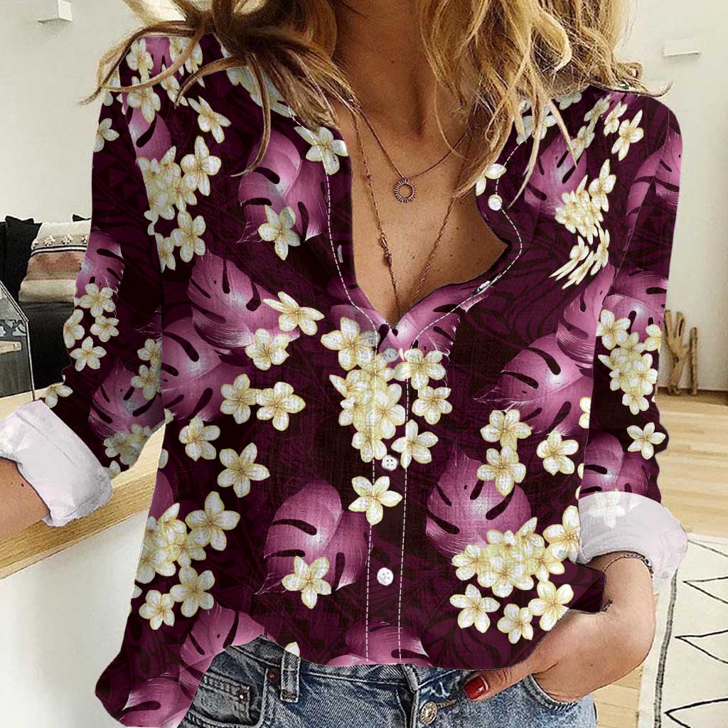 Pink Tropical Hawaii Women Casual Shirt Seamless Monstera Plumeria Hawaiian Pattern - Polynesian Pride