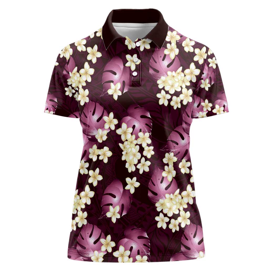 Pink Tropical Hawaii Women Polo Shirt Seamless Monstera Plumeria Hawaiian Pattern - Polynesian Pride