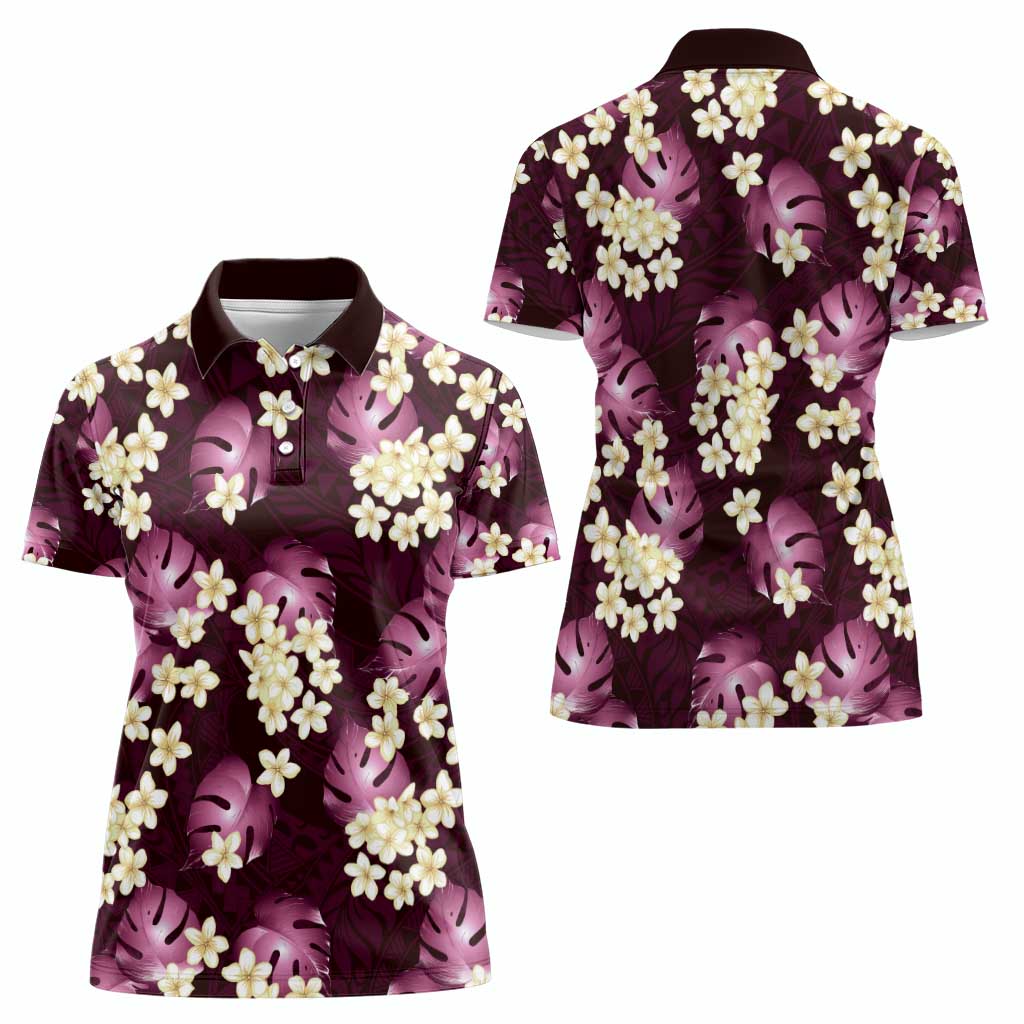 Pink Tropical Hawaii Women Polo Shirt Seamless Monstera Plumeria Hawaiian Pattern - Polynesian Pride
