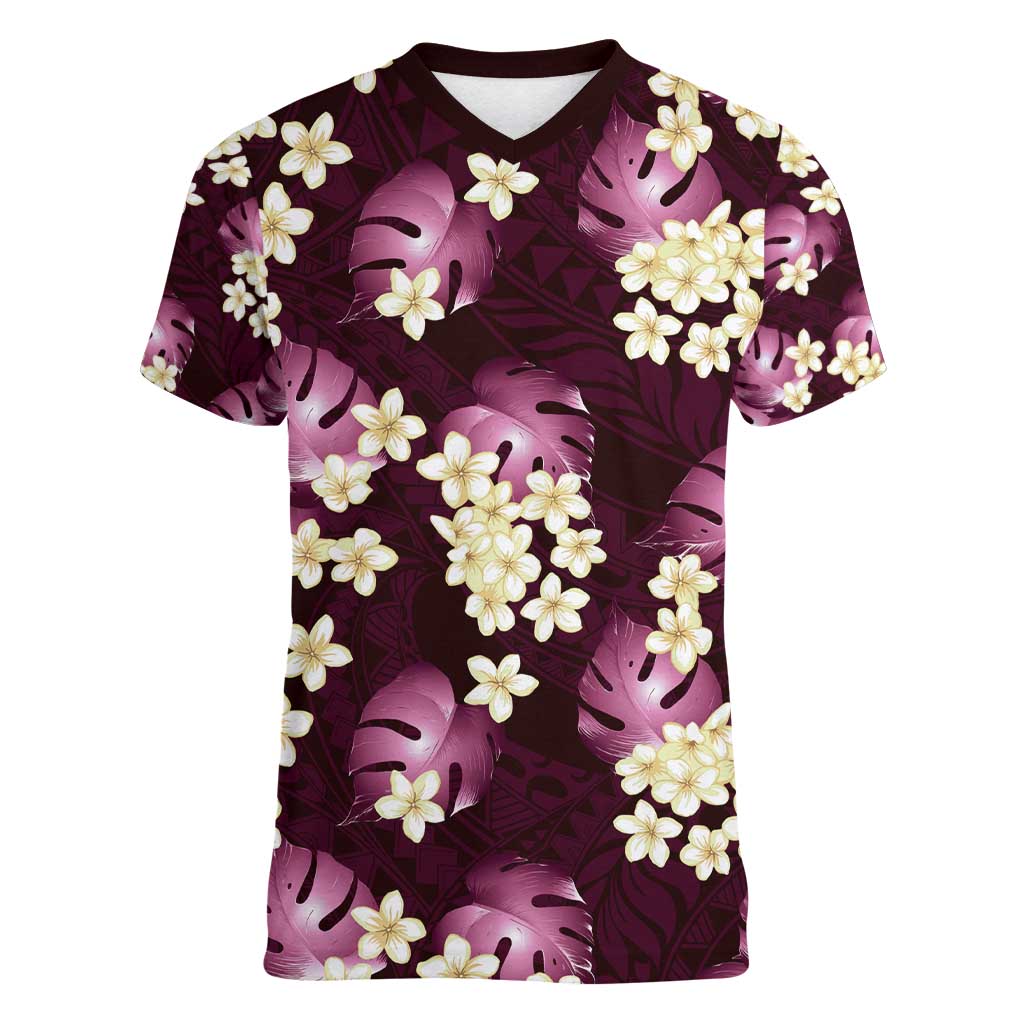 Pink Tropical Hawaii Women V-Neck T-Shirt Seamless Monstera Plumeria Hawaiian Pattern - Polynesian Pride