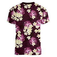 Pink Tropical Hawaii Women V-Neck T-Shirt Seamless Monstera Plumeria Hawaiian Pattern - Polynesian Pride
