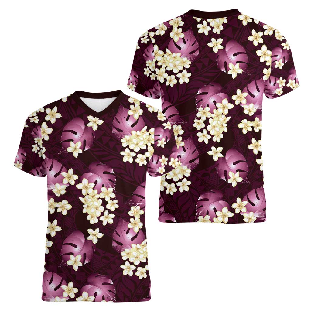 Pink Tropical Hawaii Women V-Neck T-Shirt Seamless Monstera Plumeria Hawaiian Pattern - Polynesian Pride