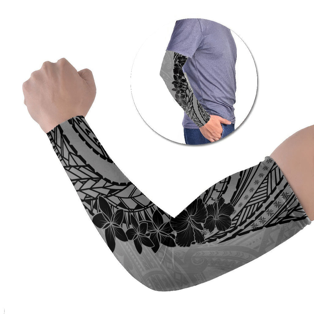 Black Gray Polynesia Tropical Flowers Arm Sleeves LT14 Set of 2 Gray - Polynesian Pride