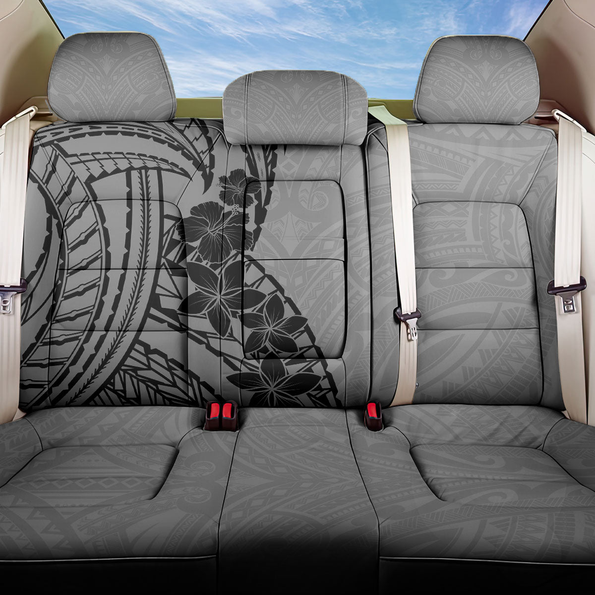 Black Gray Polynesia Tropical Flowers Back Car Seat Cover LT14 One Size Gray - Polynesian Pride