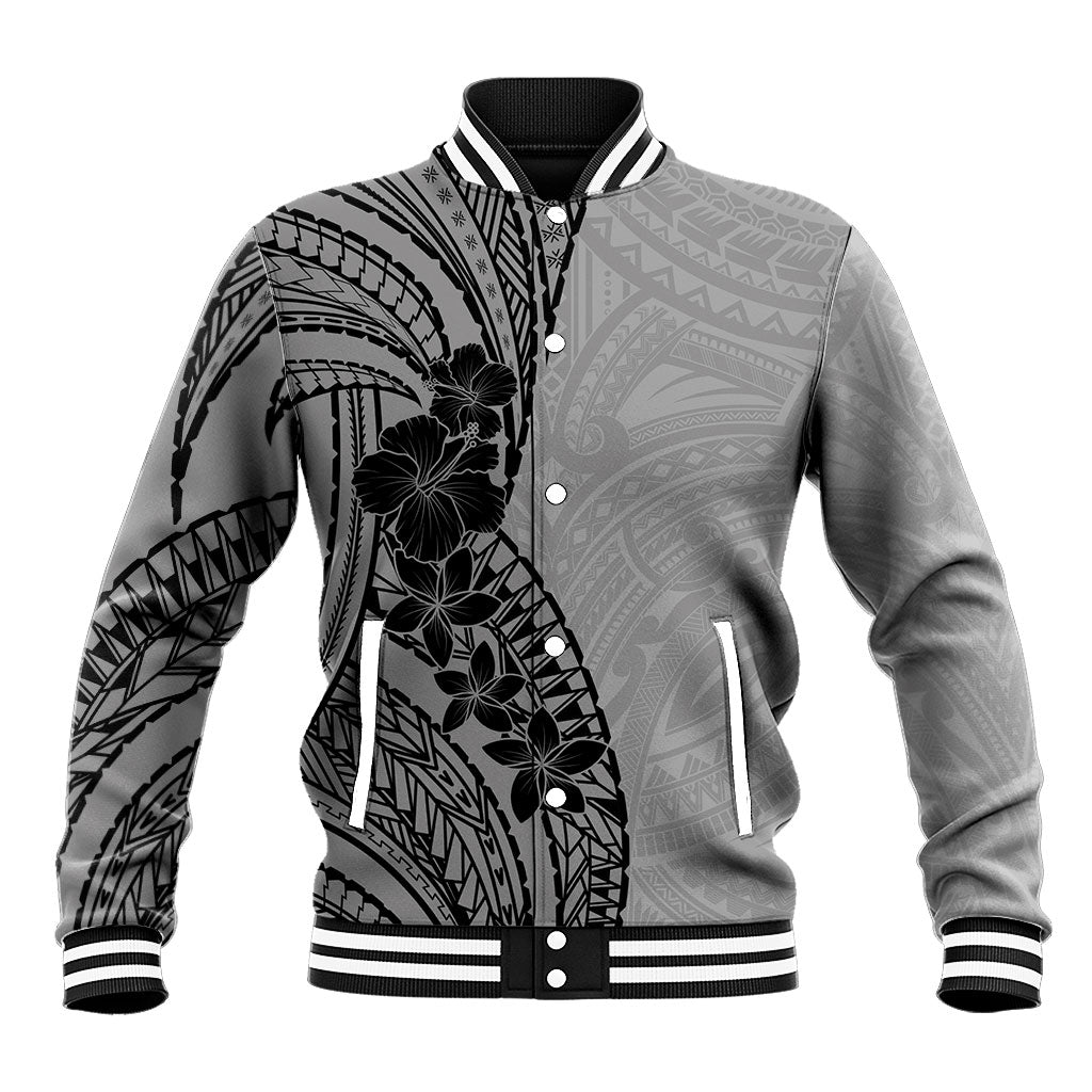 Black Gray Polynesia Tropical Flowers Baseball Jacket
