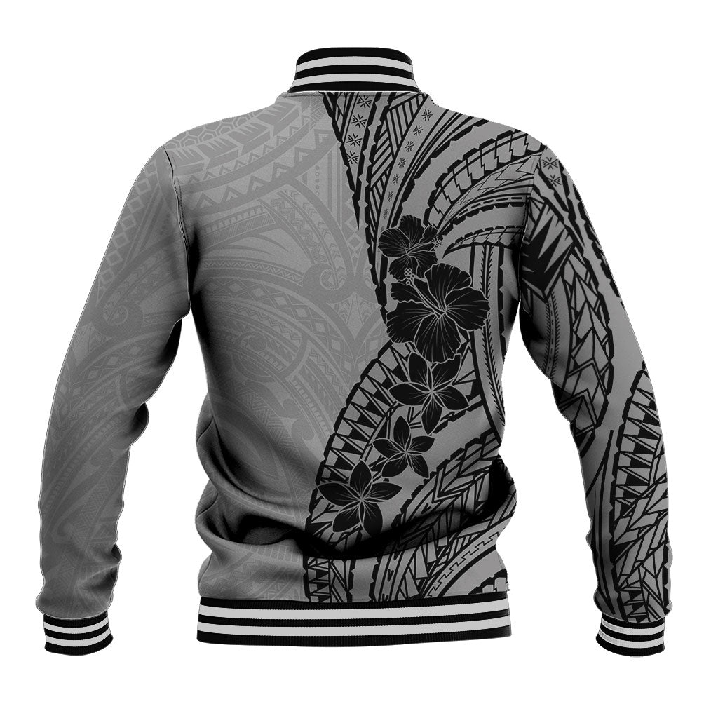 Black Gray Polynesia Tropical Flowers Baseball Jacket