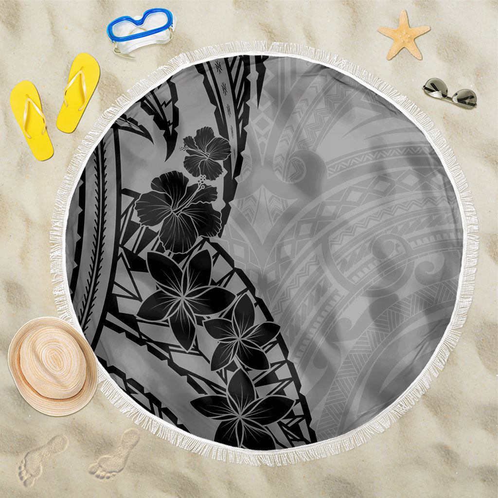 Black Gray Polynesia Tropical Flowers Beach Blanket