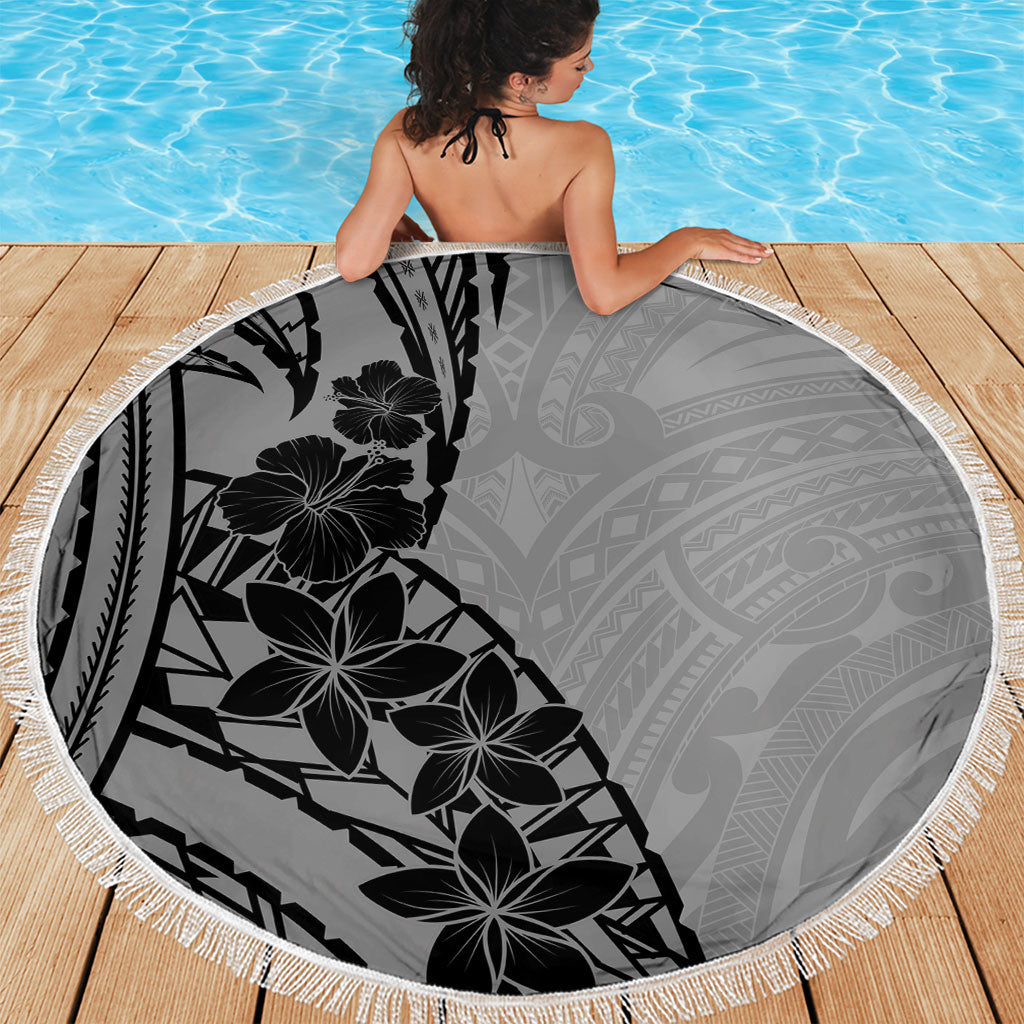 Black Gray Polynesia Tropical Flowers Beach Blanket