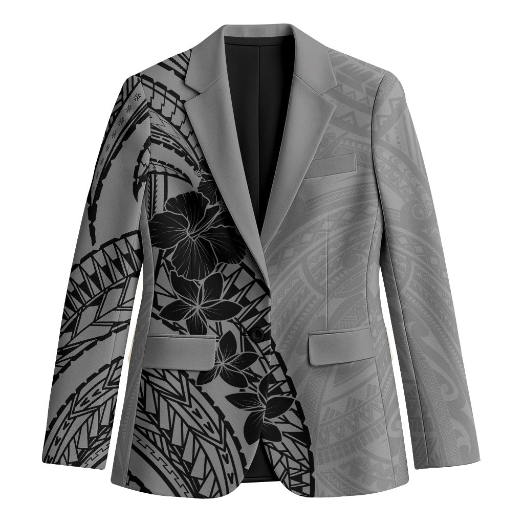 Black Gray Polynesia Tropical Flowers Blazer LT14 Unisex Gray - Polynesian Pride