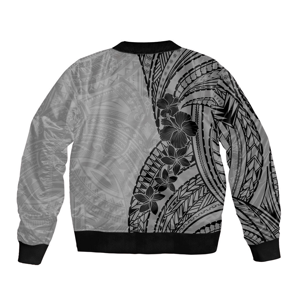 Black Gray Polynesia Tropical Flowers Bomber Jacket
