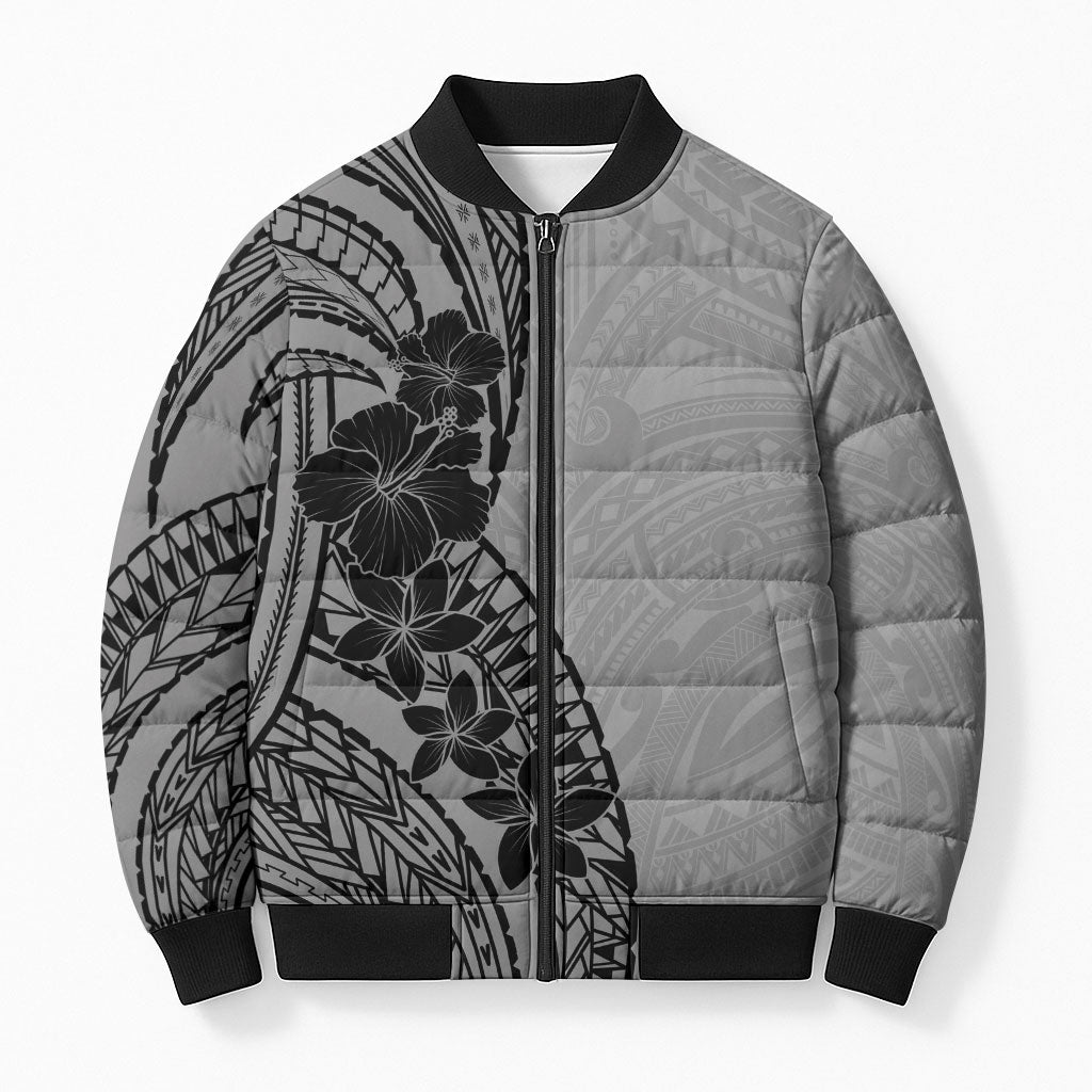 Black Gray Polynesia Tropical Flowers Bomber Puffer Jacket LT14 Unisex Gray - Polynesian Pride