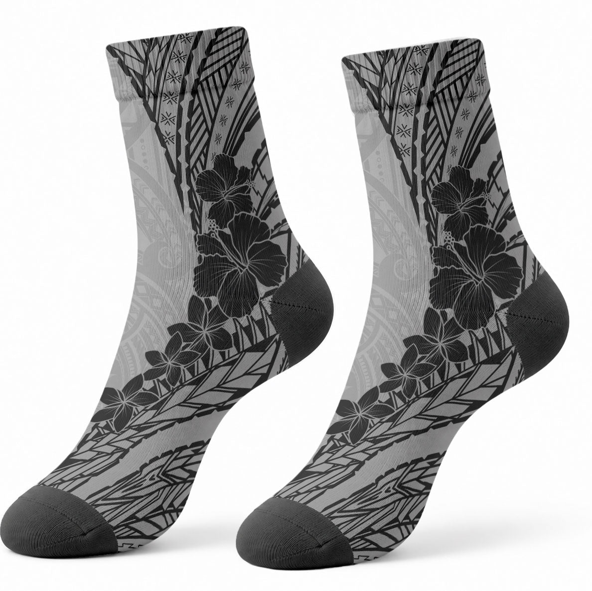 Black Gray Polynesia Tropical Flowers Crew Socks LT14 - Polynesian Pride
