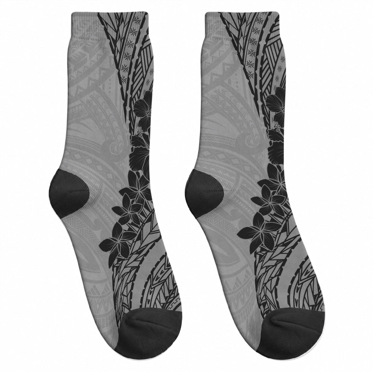 Black Gray Polynesia Tropical Flowers Crew Socks LT14 - Polynesian Pride