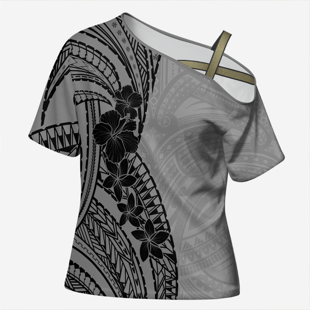 Black Gray Polynesia Tropical Flowers Cross Shoulder Shirt LT14 Female Gray - Polynesian Pride