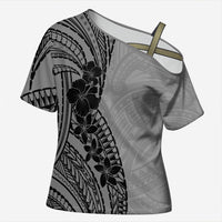 Black Gray Polynesia Tropical Flowers Cross Shoulder Shirt LT14 Female Gray - Polynesian Pride