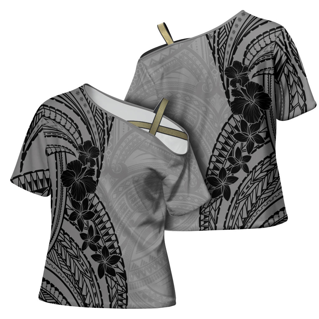 Black Gray Polynesia Tropical Flowers Cross Shoulder Shirt LT14 - Polynesian Pride