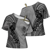 Black Gray Polynesia Tropical Flowers Cross Shoulder Shirt LT14 - Polynesian Pride