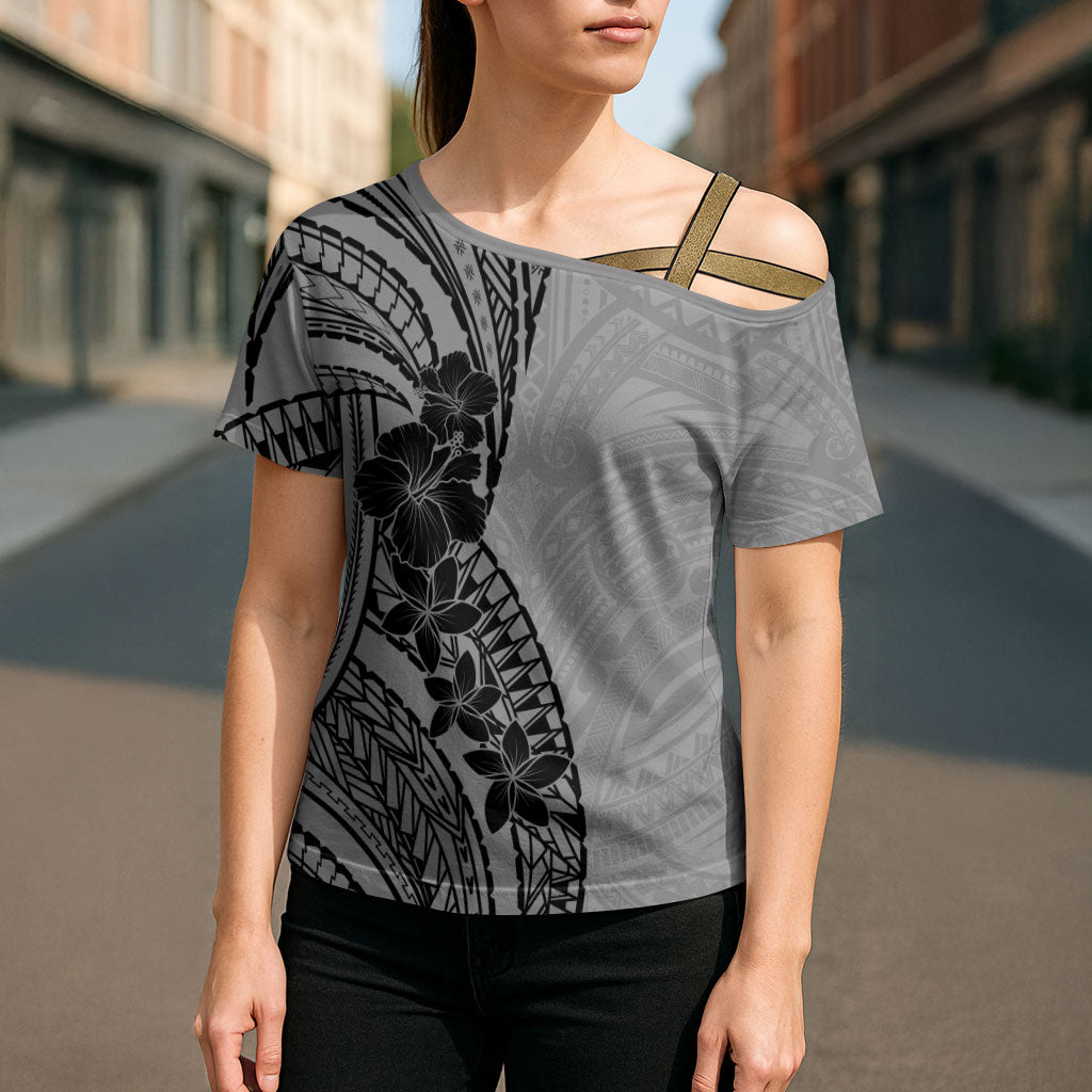 Black Gray Polynesia Tropical Flowers Cross Shoulder Shirt LT14 - Polynesian Pride