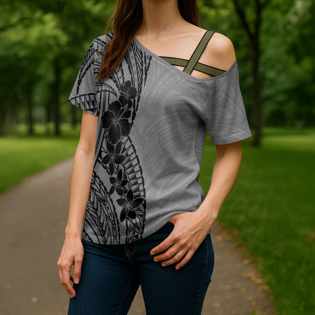 Black Gray Polynesia Tropical Flowers Cross Shoulder Shirt LT14 - Polynesian Pride