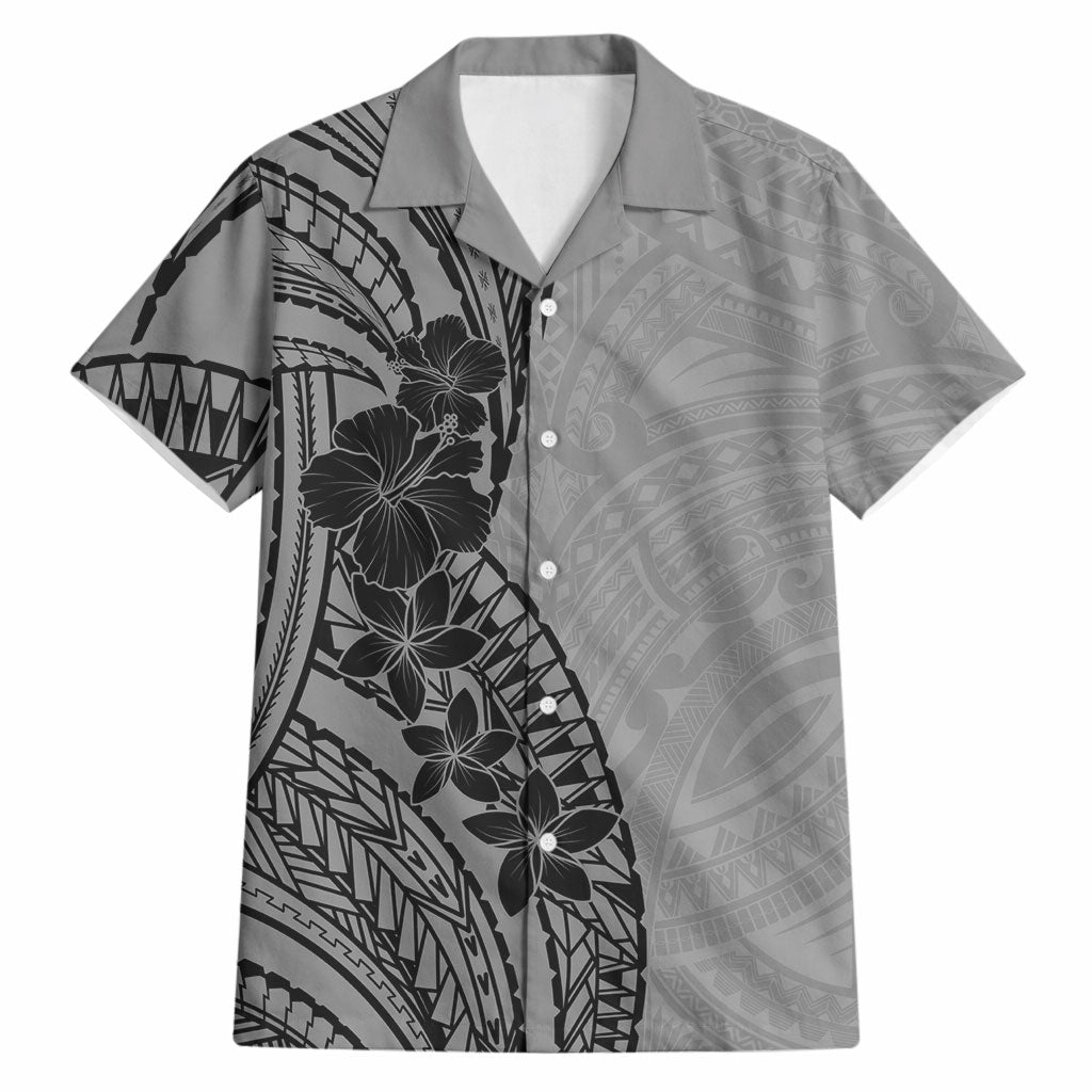 Black Gray Polynesia Tropical Flowers Hawaiian Shirt