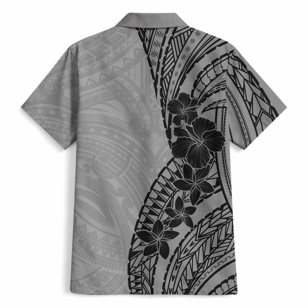 Black Gray Polynesia Tropical Flowers Hawaiian Shirt