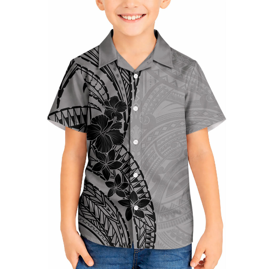 Black Gray Polynesia Tropical Flowers Kid Hawaiian Shirt LT14 Kid Gray - Polynesian Pride