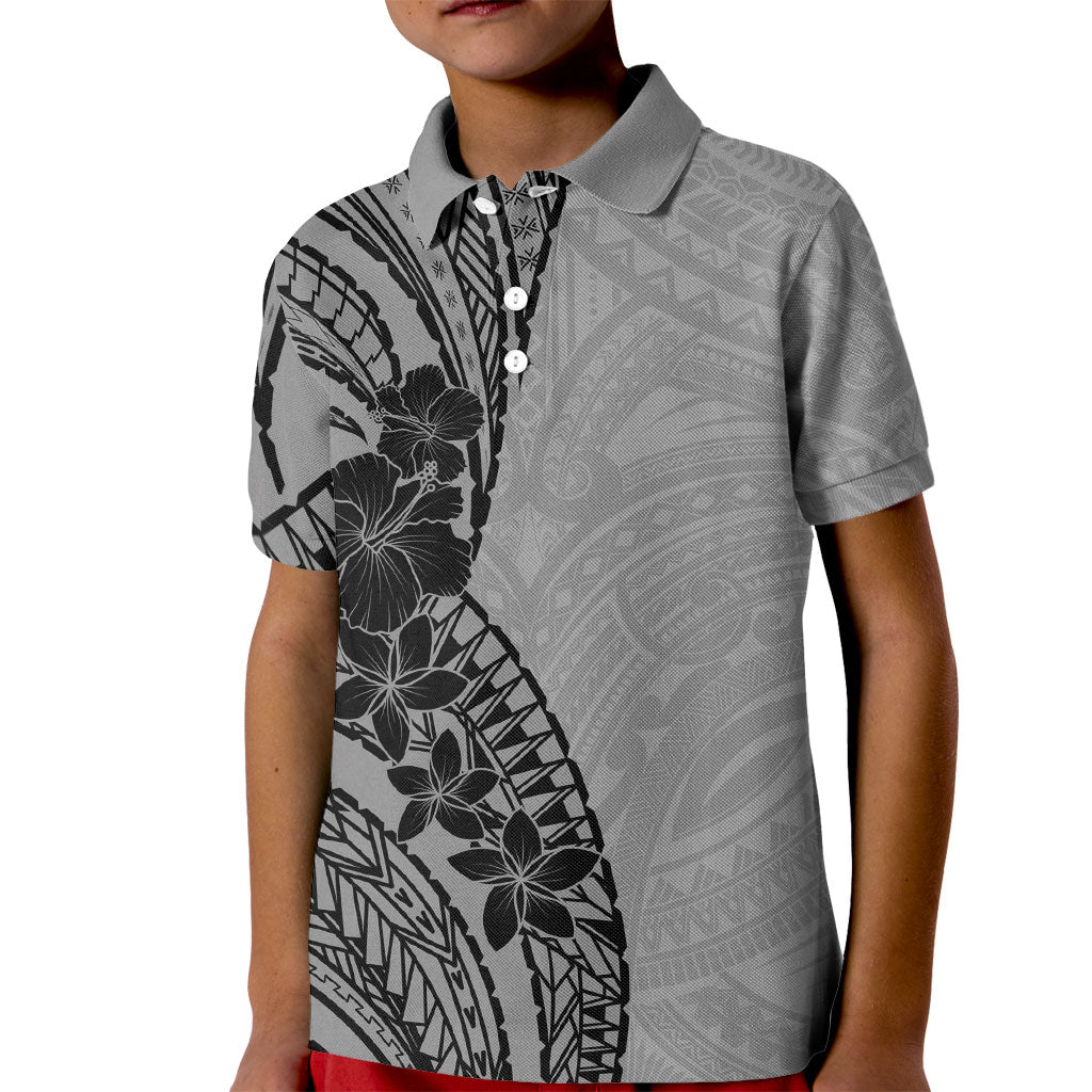 Black Gray Polynesia Tropical Flowers Kid Polo Shirt LT14 Kid Gray - Polynesian Pride