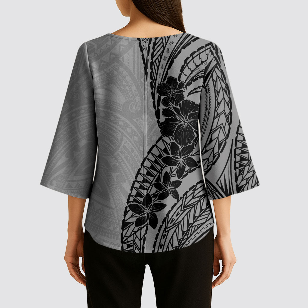 Black Gray Polynesia Tropical Flowers Kimono Sleeve Blouse LT14 - Polynesian Pride