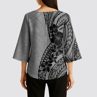 Black Gray Polynesia Tropical Flowers Kimono Sleeve Blouse LT14 - Polynesian Pride
