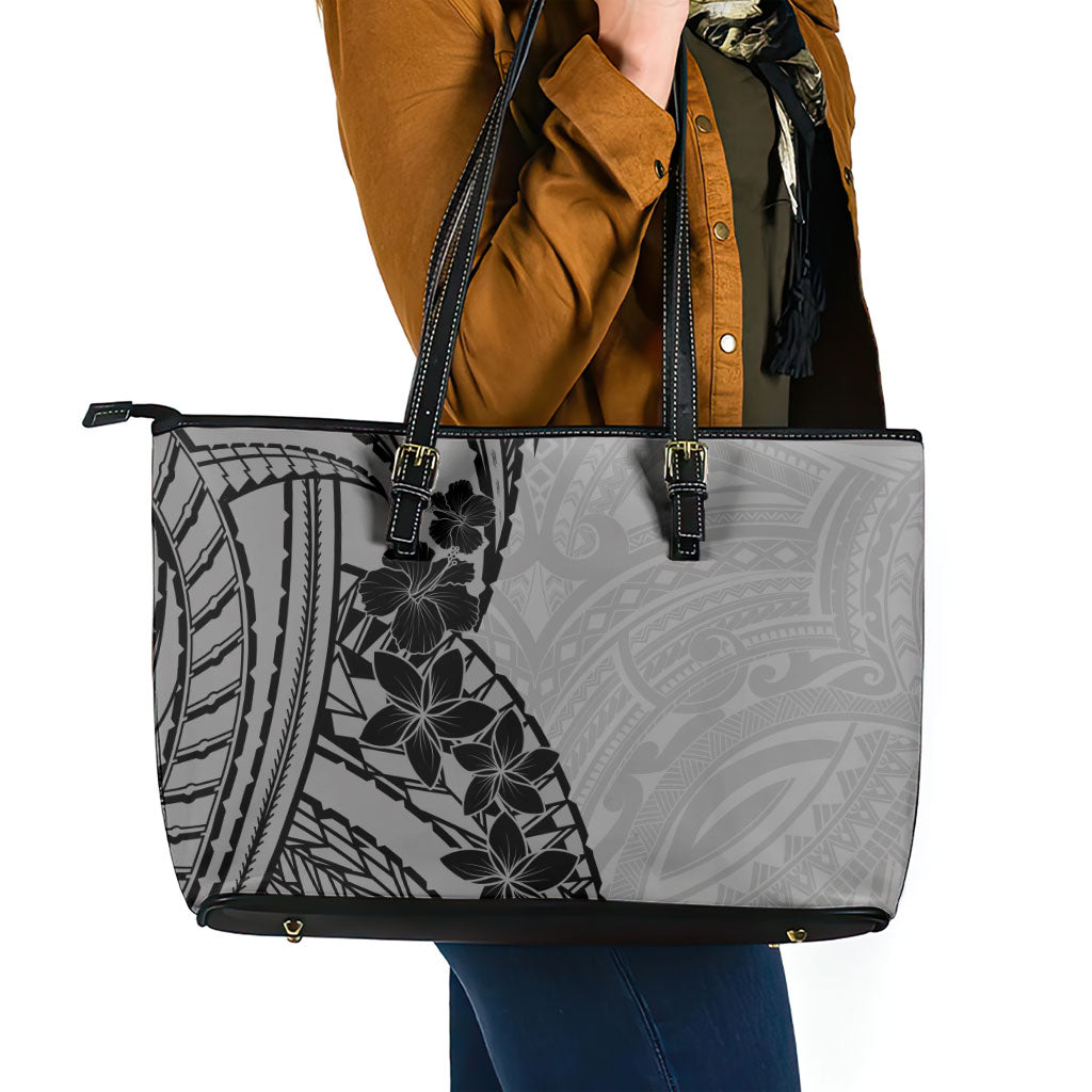Black Gray Polynesia Tropical Flowers Leather Tote Bag LT14 - Polynesian Pride