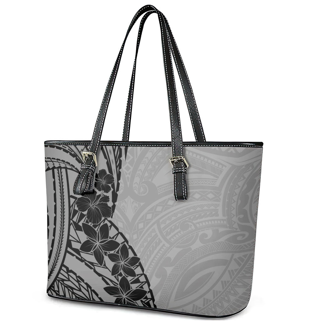 Black Gray Polynesia Tropical Flowers Leather Tote Bag LT14 - Polynesian Pride