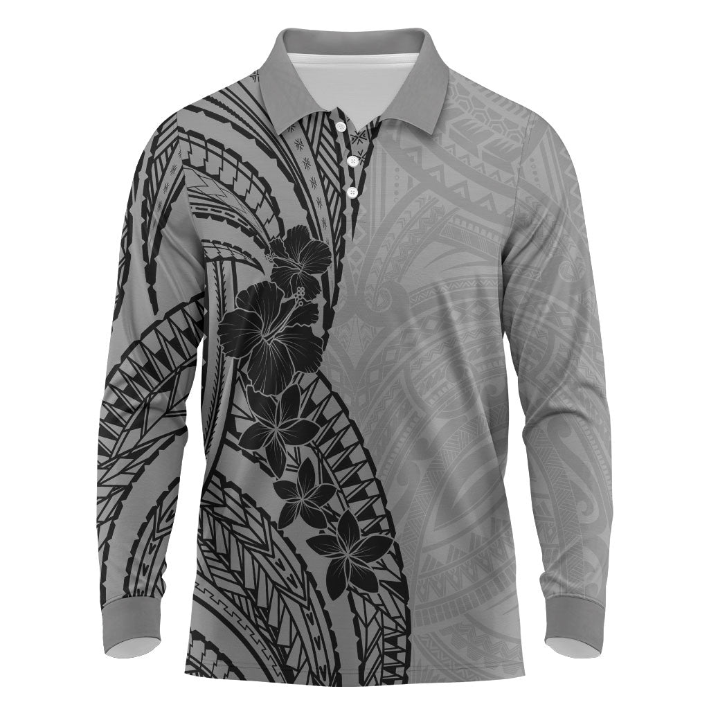 Black Gray Polynesia Tropical Flowers Long Sleeve Polo Shirt
