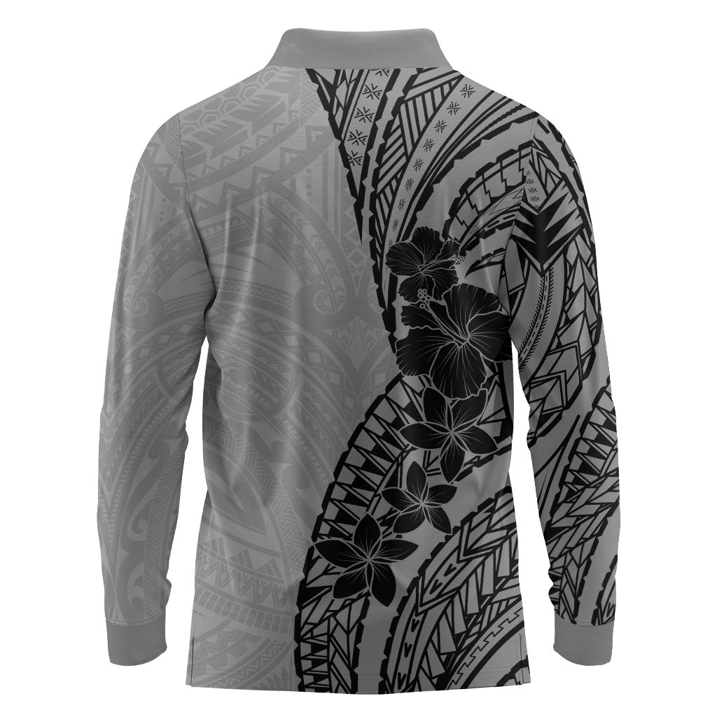 Black Gray Polynesia Tropical Flowers Long Sleeve Polo Shirt