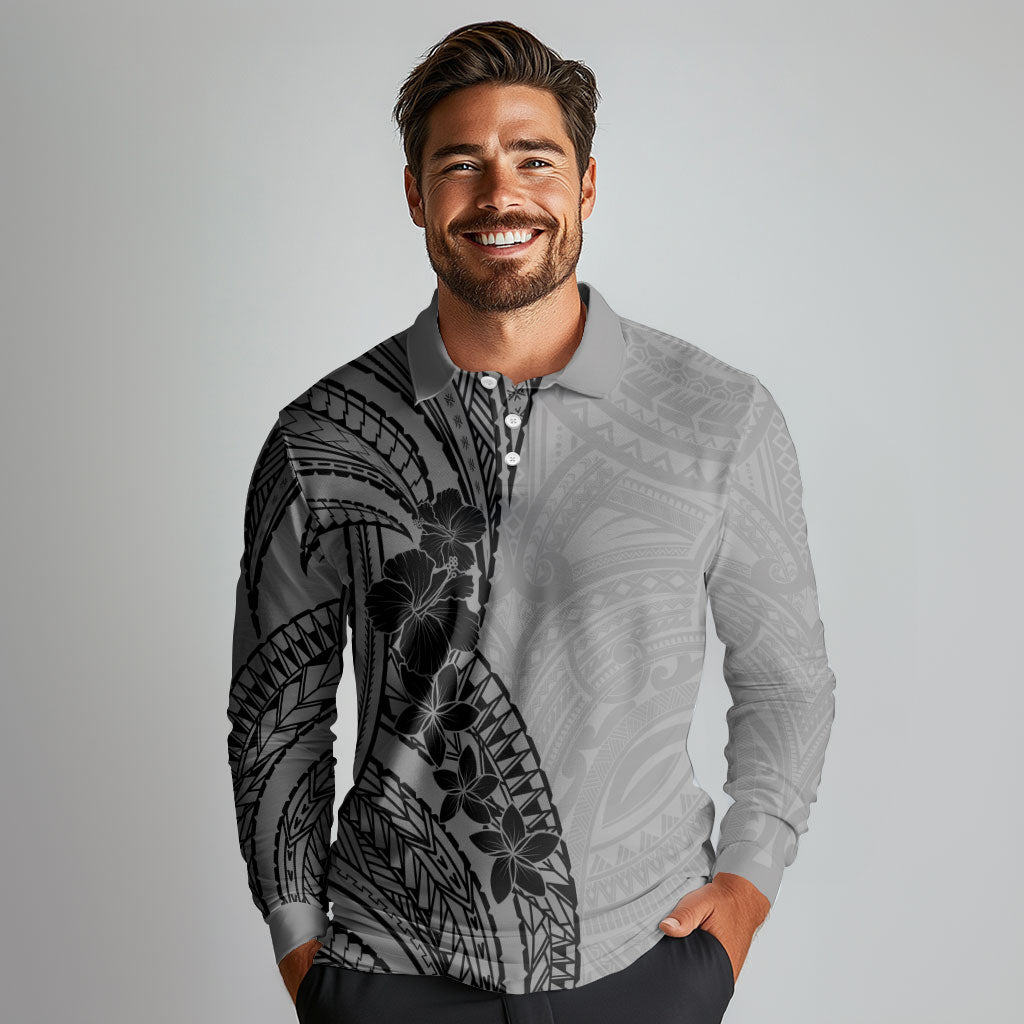 Black Gray Polynesia Tropical Flowers Long Sleeve Polo Shirt