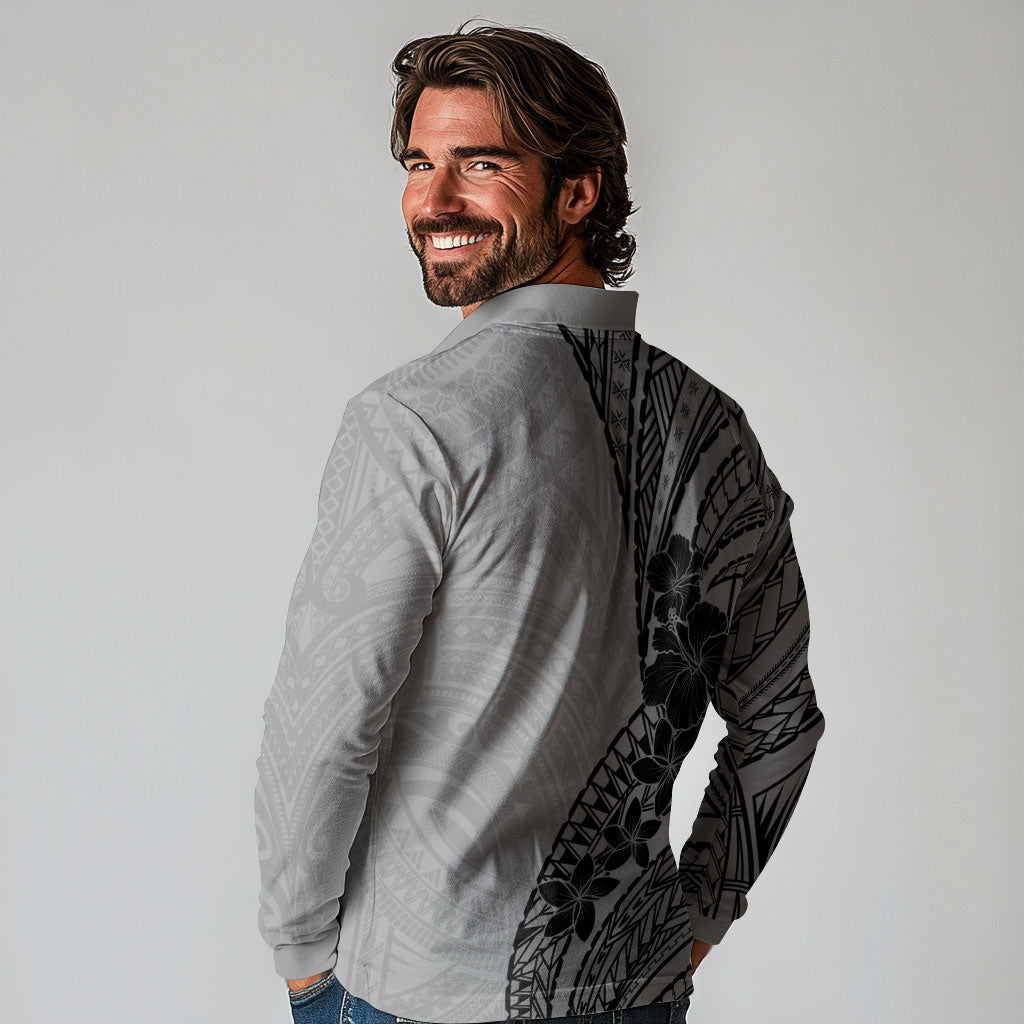 Black Gray Polynesia Tropical Flowers Long Sleeve Polo Shirt