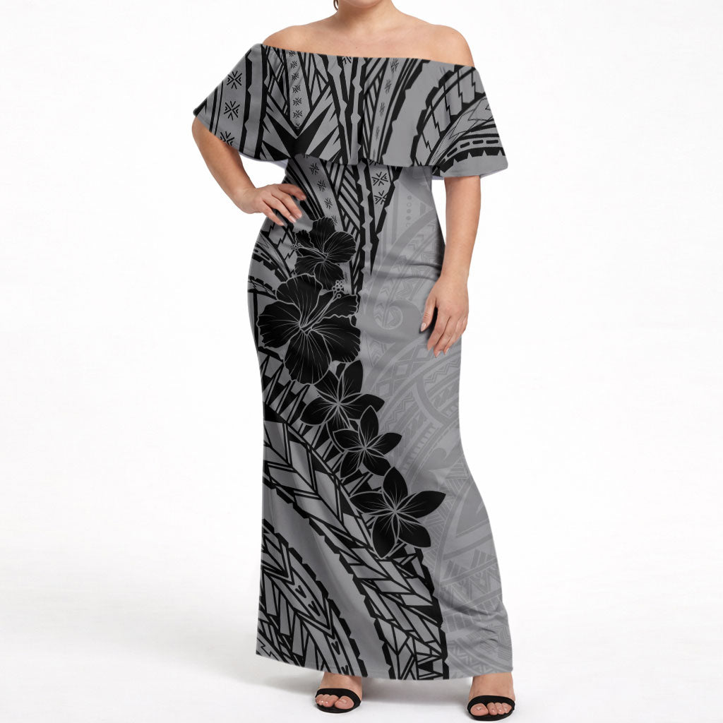 Black Gray Polynesia Tropical Flowers Off Shoulder Maxi Dress LT14 Women Gray - Polynesian Pride
