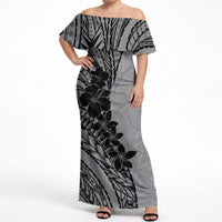Black Gray Polynesia Tropical Flowers Off Shoulder Maxi Dress LT14 Women Gray - Polynesian Pride