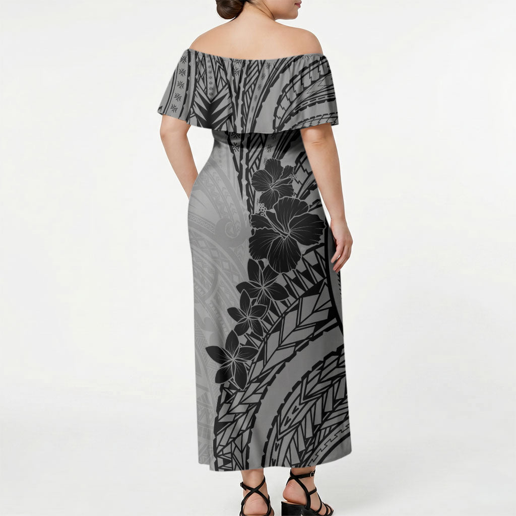 Black Gray Polynesia Tropical Flowers Off Shoulder Maxi Dress LT14 - Polynesian Pride