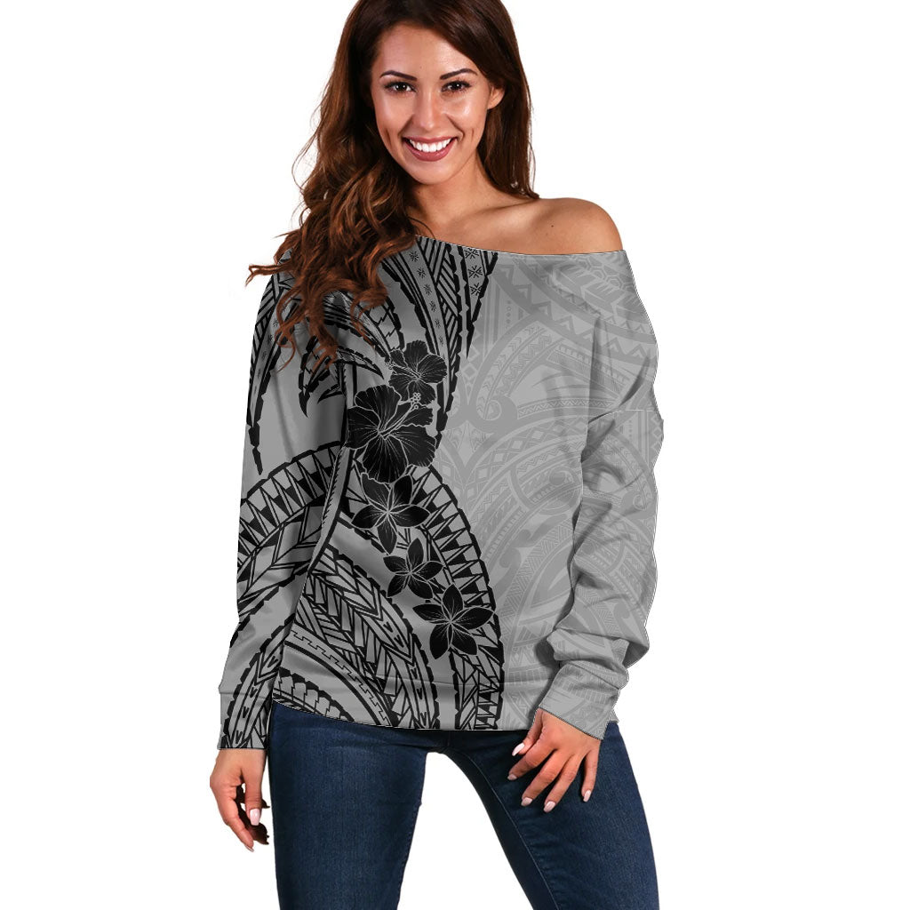 Black Gray Polynesia Tropical Flowers Off Shoulder Sweater LT14 Women Gray - Polynesian Pride