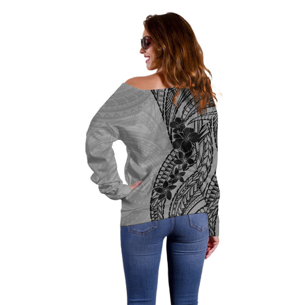 Black Gray Polynesia Tropical Flowers Off Shoulder Sweater LT14 - Polynesian Pride