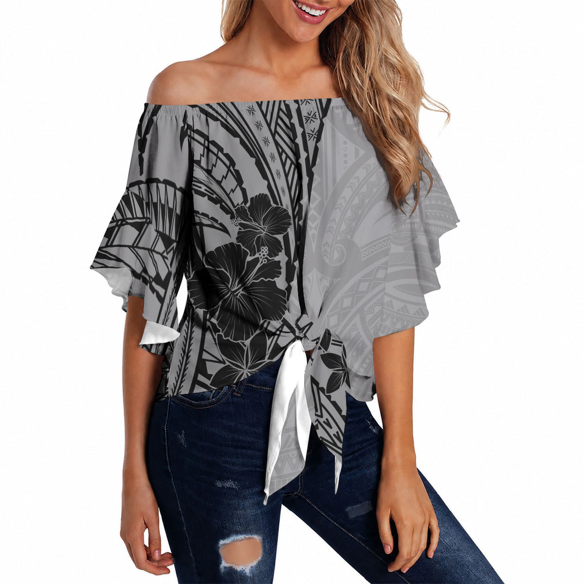 Black Gray Polynesia Tropical Flowers Off Shoulder Wrap Waist Top LT14 Gray - Polynesian Pride