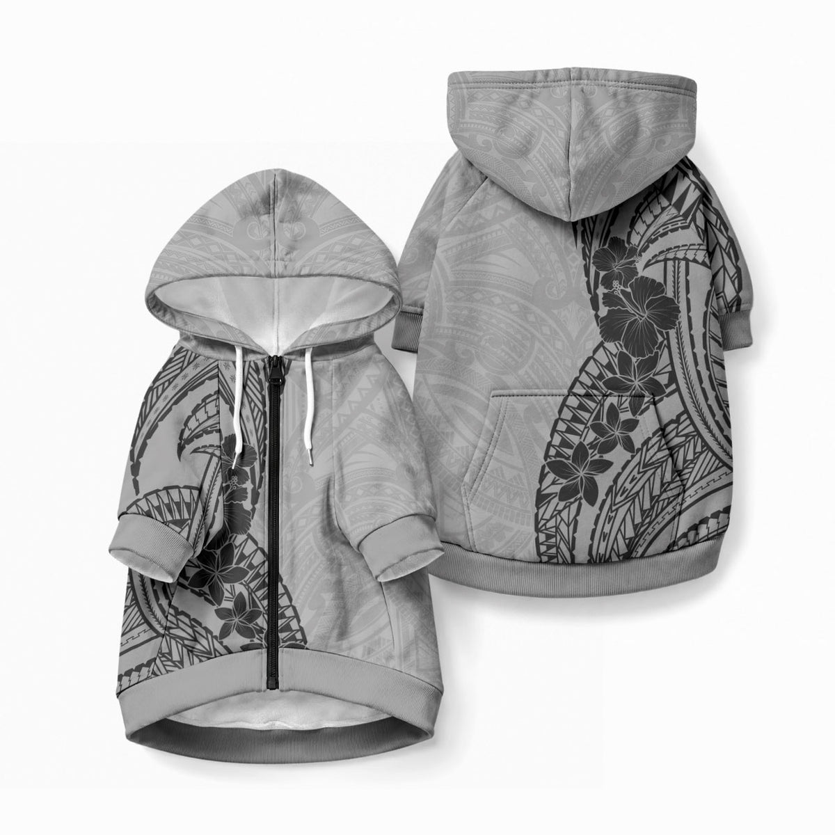 Black Gray Polynesia Tropical Flowers Pet Hoodie LT14 Zip-up Gray - Polynesian Pride