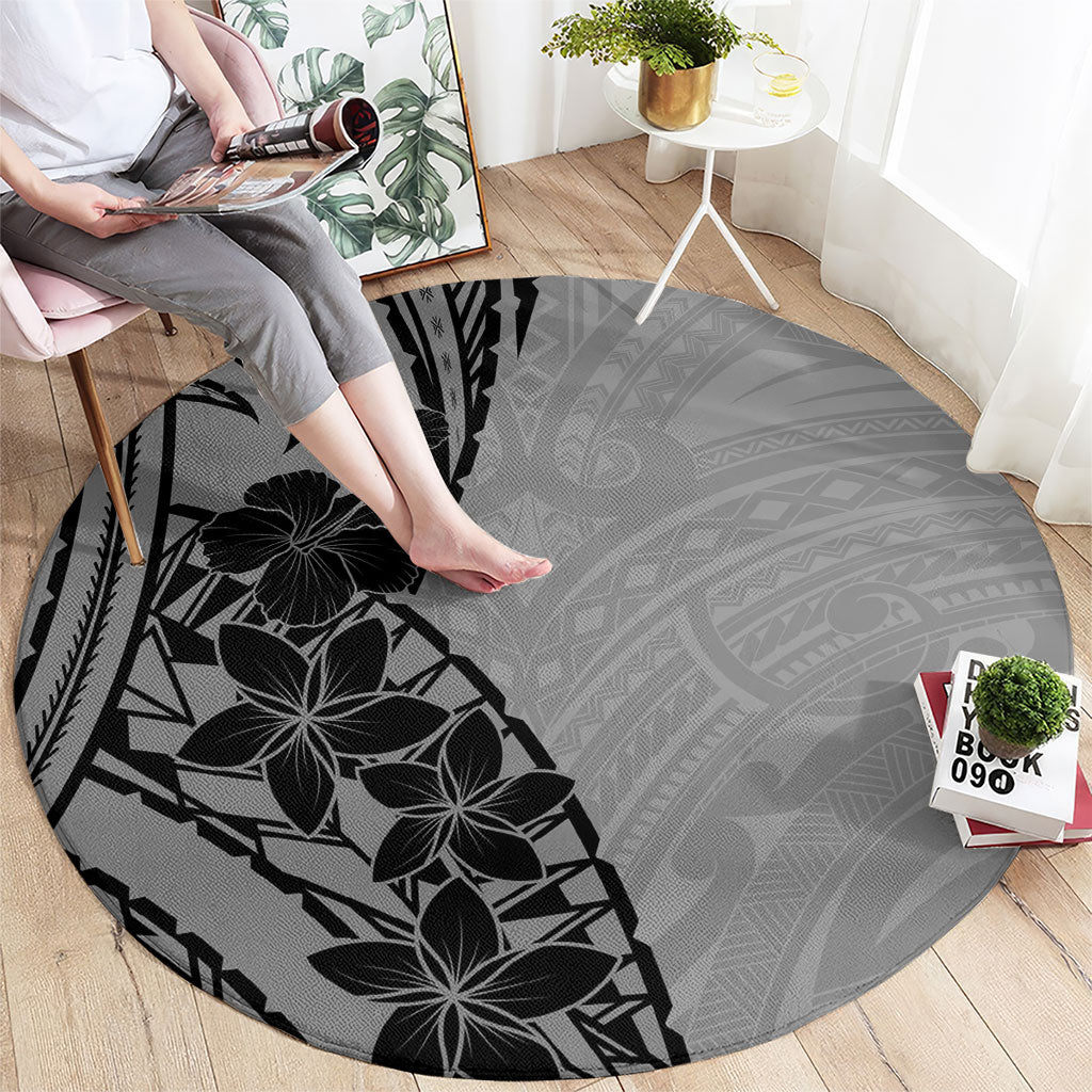 Black Gray Polynesia Tropical Flowers Round Carpet LT14 - Polynesian Pride