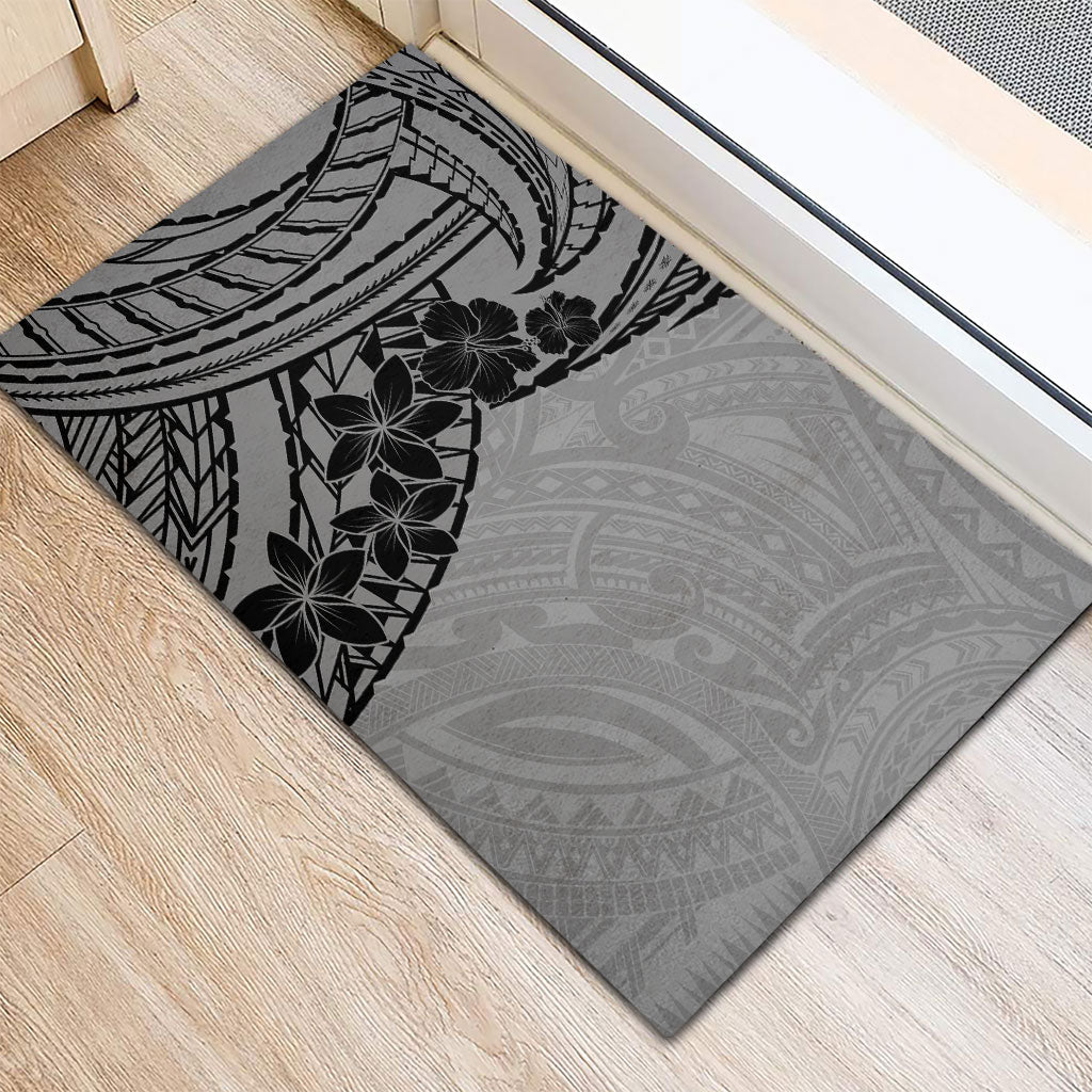 Black Gray Polynesia Tropical Flowers Rubber Doormat
