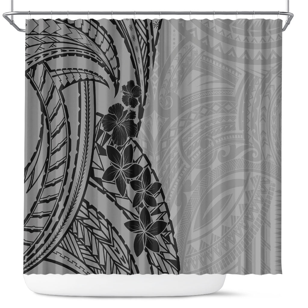 Black Gray Polynesia Tropical Flowers Shower Curtain