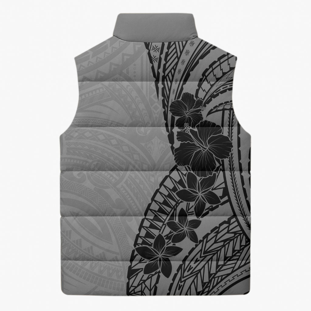 Black Gray Polynesia Tropical Flowers Sleeveless Puffer Jacket LT14 - Polynesian Pride