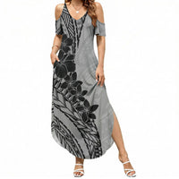 Black Gray Polynesia Tropical Flowers Summer Maxi Dress LT14 Women Gray - Polynesian Pride
