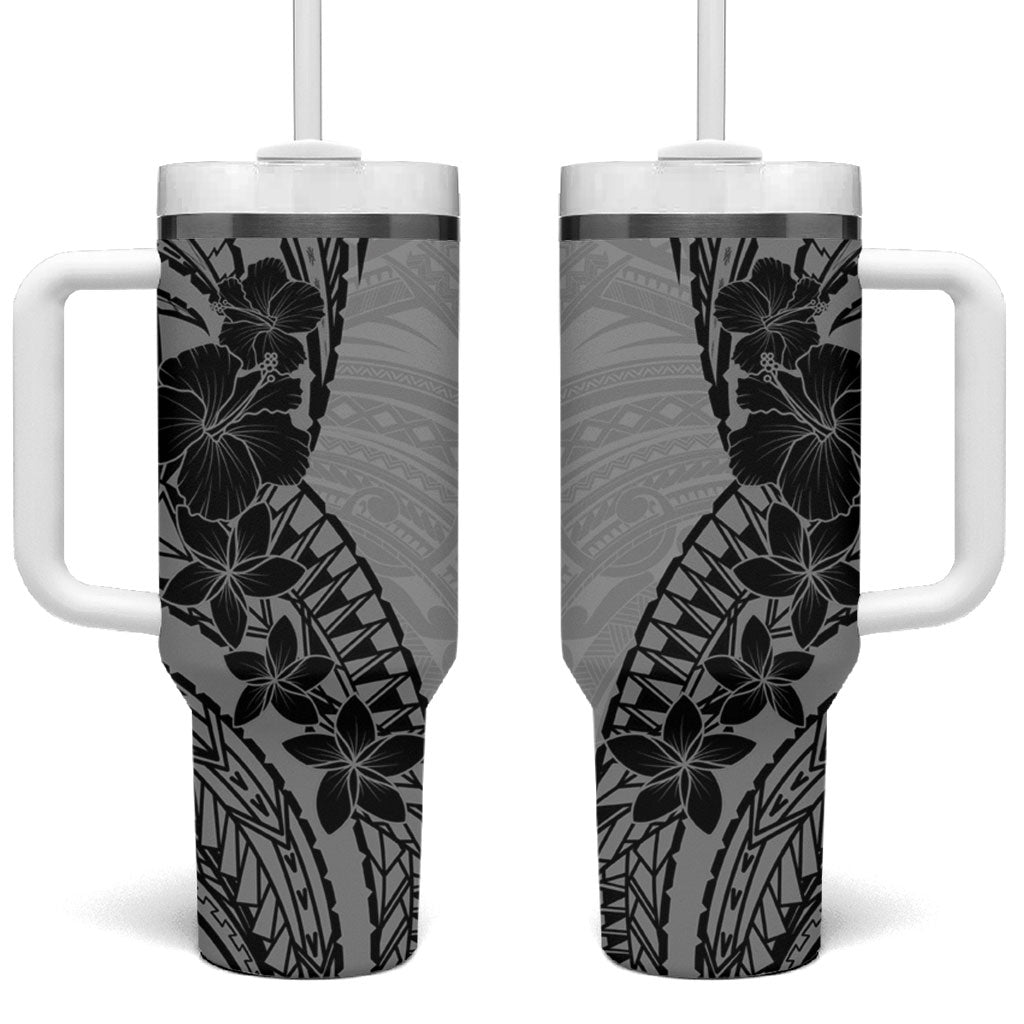 Black Gray Polynesia Tropical Flowers Tumbler With Handle LT14 One Size: 40 oz Gray - Polynesian Pride