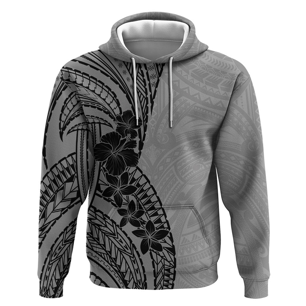 Black Gray Polynesia Tropical Flowers Zip Hoodie